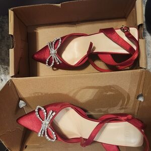 Elegant Red Satin Pointed-Toe Flats with Crystal Bow